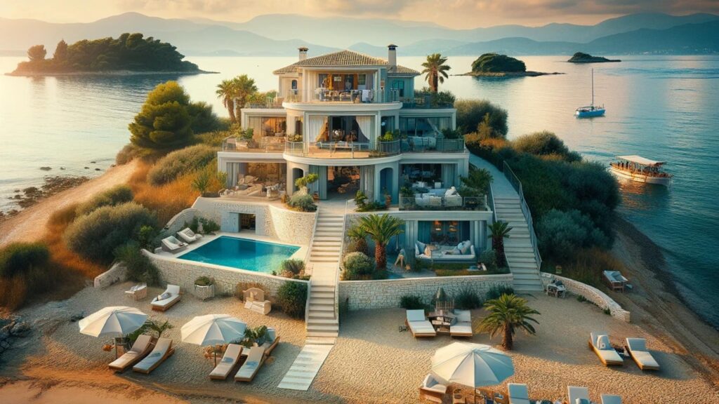 AI image of a Beachfront villa in Corfu with direct access to a sandy beach