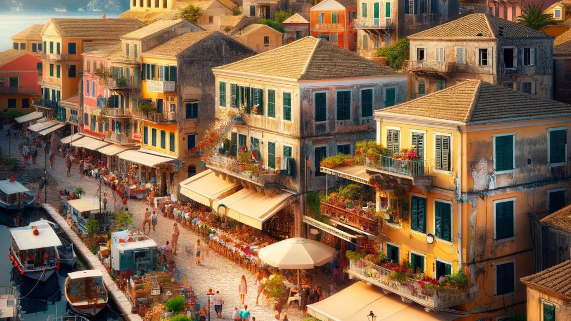 AI-picture-capturing-the-vibrant-life-and-cultural-heritage-in-Corfu-Town-near-where-some-villas-are-located in Halikounas beach